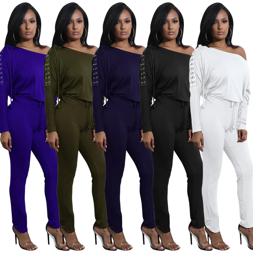 

Lace-up Sleeves Jumpsuits Women Sexy Rompers Casual Overalls Fashion Female One-shoulder Jumpsuits Slim Bodysuits Lady