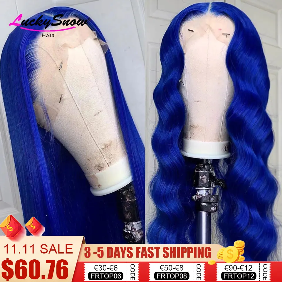 

Blue Colored Human Hair Wig PrePlucked Brazilian Remy Long Straight Lace Front Human Hair Wigs For Women 8"-26" Transparent Wigs