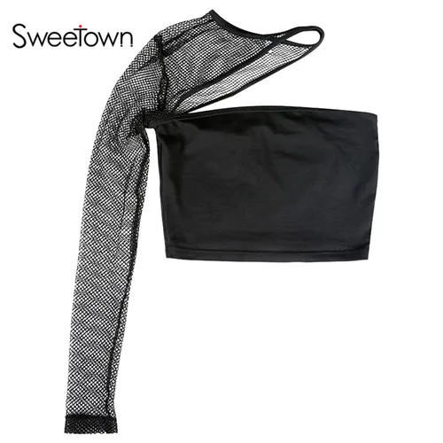 black Sweetown/черные однотонные вечерние топы с вырезами на одно плечо для женщин, лоскутные тонкие пикантные летние футболки в сеточку, уличная одежда - Цвет: black