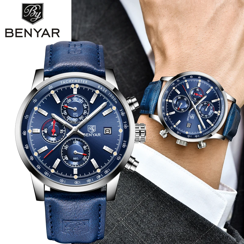 BENYAR New Watch Men Military Luxury Top Brand Quartz Business Men's Watches Fashion Chronograph Leather Clock Relogio Masculino