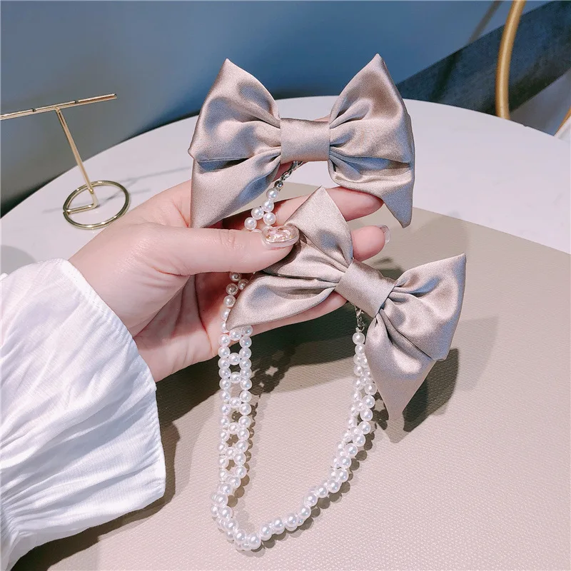 

2021 new Korean style sweet girl hairpin Imitation pearls Chain Fabric Solid color Hair Clip For Ladies Fashion Hair Accessories