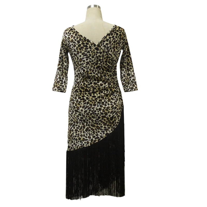 

Latin Dance Dress Women Dance Practice Clothes Sexy Leopard Dress Slim V Neck Middle Sleeve Fringe Dress Party Wear Rumba Salsa