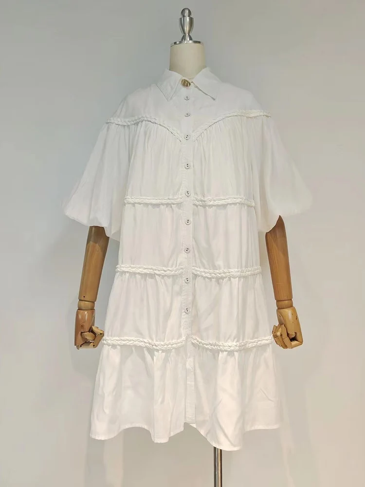 

Retro print lapel single-breasted multi-level stitching woven decoration loose dress ladies summer new style big pendulum skirt