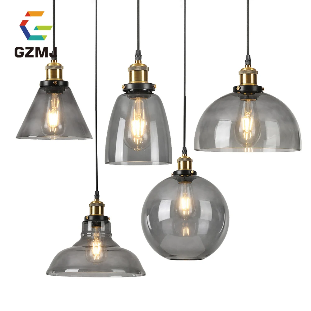 

GZMJ Loft Bar Lamparas Vintage Hang Lamp LED Light Pendant Lights Glass Industrial Smoky Grey Colgante Luster Kitchen Garden