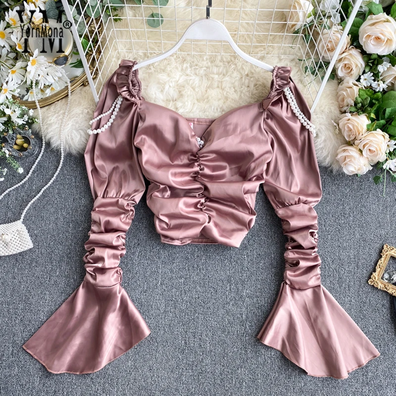 Женский атласный укороченный топ с рюшами и длинными рукавами для принцесс YornMona