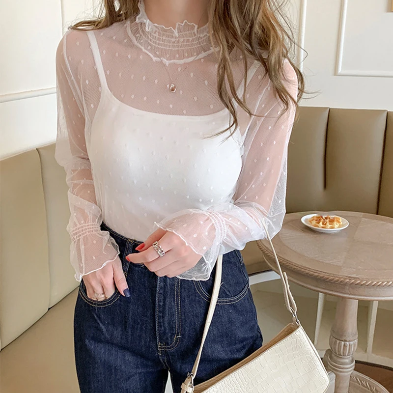 Женская кружевная сетчатая блузка с высоким воротником Прозрачная майка