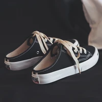 2020 spring and summer new student canvas shoes womens fashion lace up sneakers open white shoes sandals semi drag breathable
