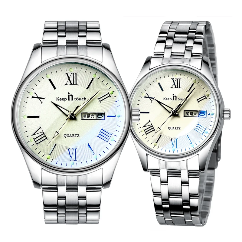 Keep In Touch Couple Watches For Lovers Stainless Steel Quartz Watch For Men Waterproof Week Calendar Ladies Watch Fashion Reloj