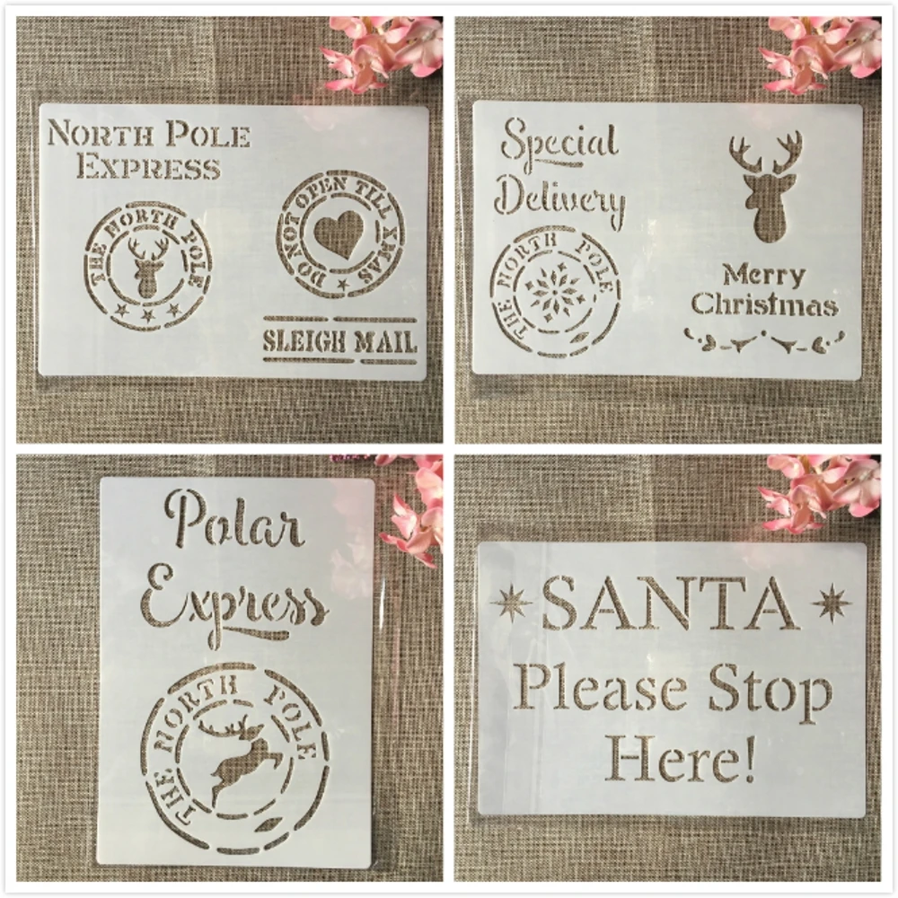 

4Pcs A4 29cm Polar Express Santa Deer DIY Layering Stencils Wall Painting Scrapbook Coloring Embossing Album Decorative Template