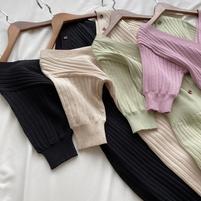 

Japanese Elegant V-neck Sexy Knitted Dresses Office Ladies One Piece Casual Loose Vestidos Feminino Bodycon Slim Fit Robe Femme