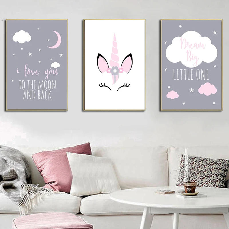 

Cartoon Unicorn Canvas Poster Baby Girl Nursery Quotes Wall Art Print Love You To The Moon Painting Nordic Kids Room Decoration