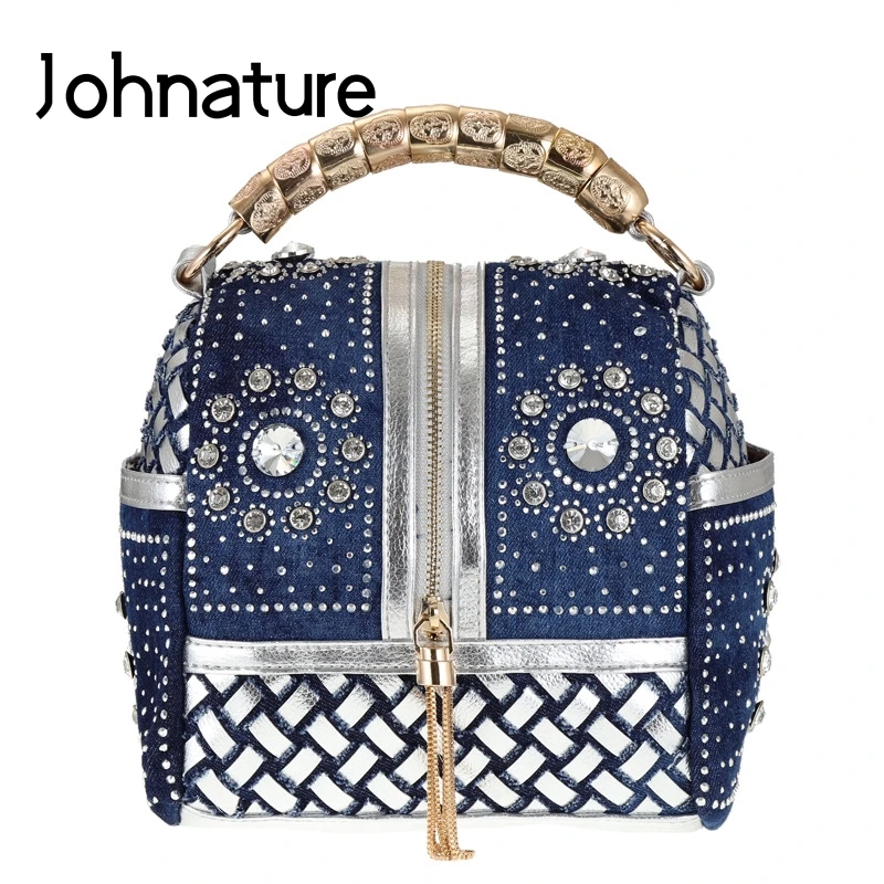 Женская джинсовая сумка с бахромой Johnature однотонная маленькая сумка-ведро на