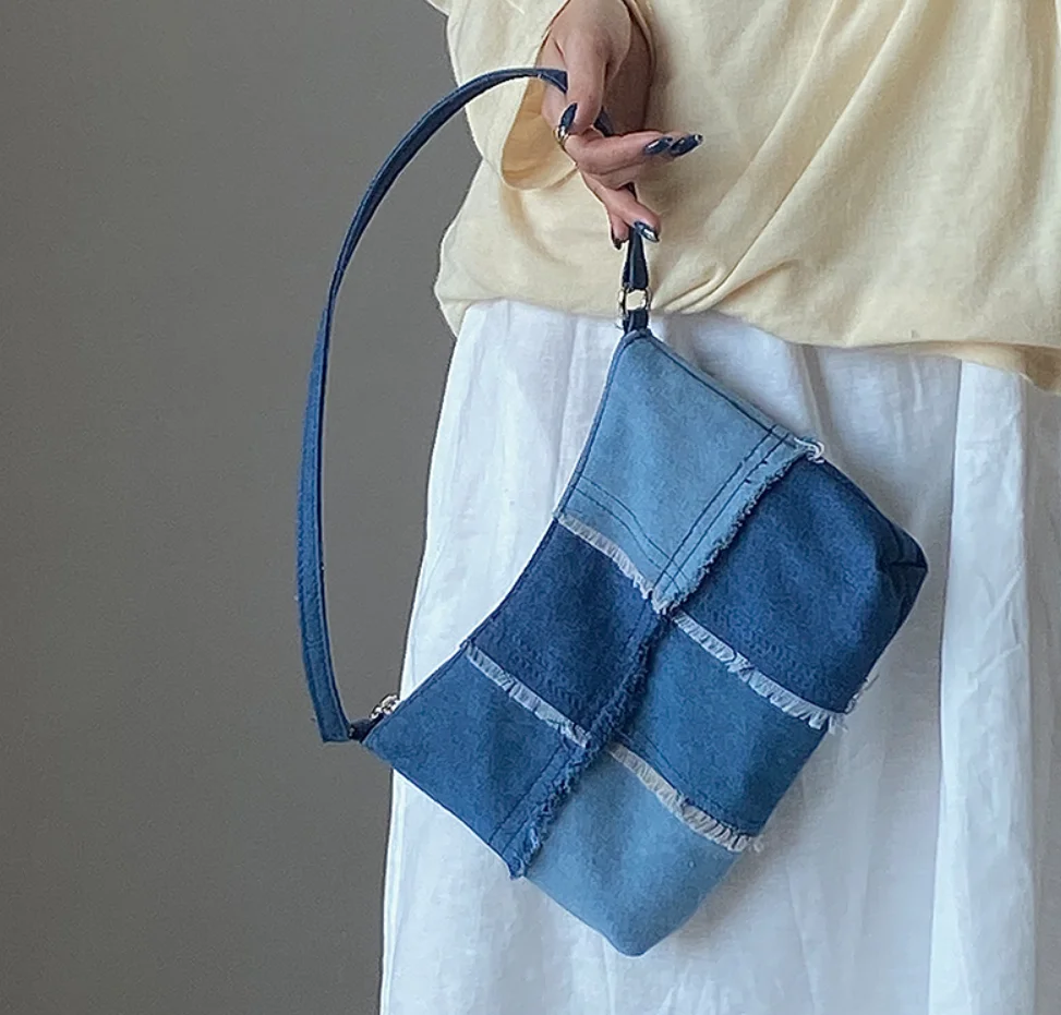 

Denim Fashion Plaid Shoulder Baguette Bag for Women 2022 Patchwork Retro Clutch Casual Jeans Ladies Vintage Tote Purses Handbag