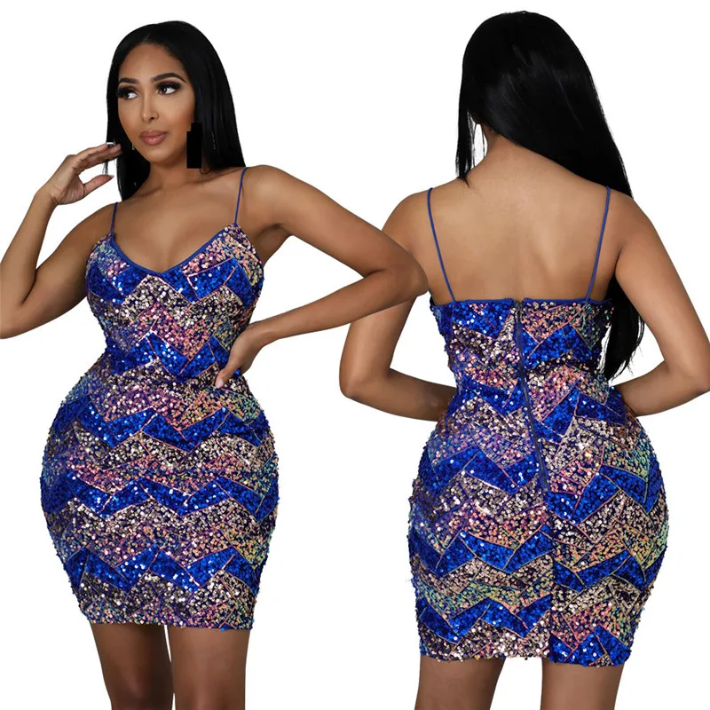 

WUHE Christmas Party Luxury Sequins Dress Women Sexy Hollow Out V Neck Sleeveless Short Bodycon Bandage Dress Evening Gown
