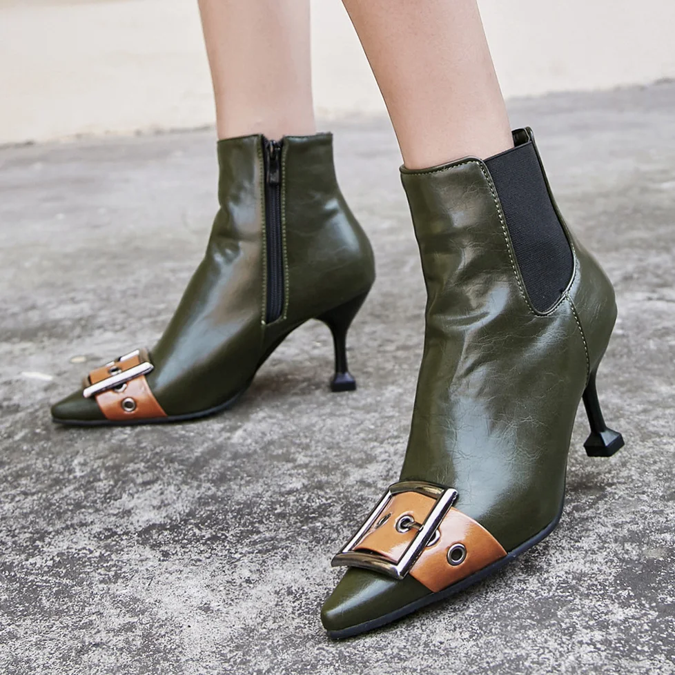 Кожаный ремень Ботильоны на ремешках с пряжкой женские сапоги высоком каблуке