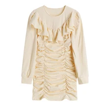 Autumn And Winter Clothes New Slim Waist Waist Was Thin Temperament Ruffled Solid Color Drawstring Dress Female Short Skirt Sexy (2)