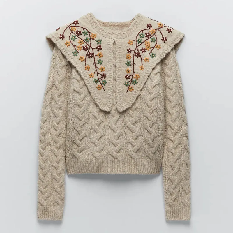 

Women Embroidery Applique Knit Sweater 2021 Long Sleeve Vintage Floral Pullover Knitted Top Female Winter Sweaters