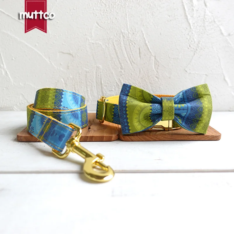 

MUTTCO retailing high quality handmade collar THE FOLK YELLOW dog collar leash set with bow tie 5 sizes UDC024B