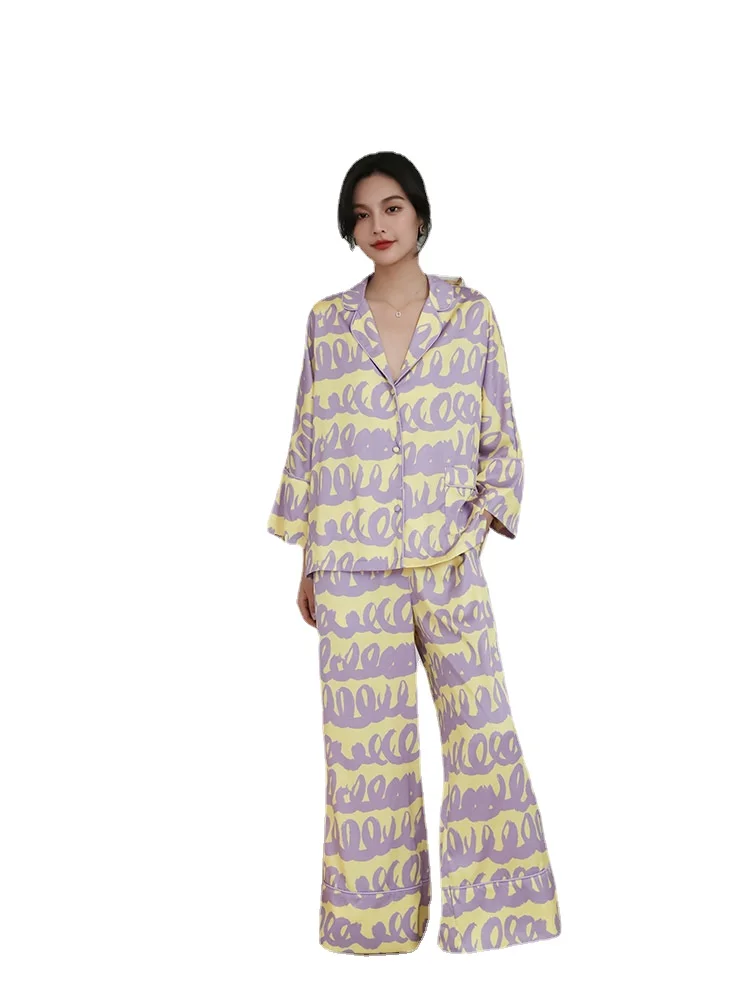 New Home Clothes Ice Silk Suit Women's Long Sleeved Trousers Loose Version Pajamas Women's Home Clothes