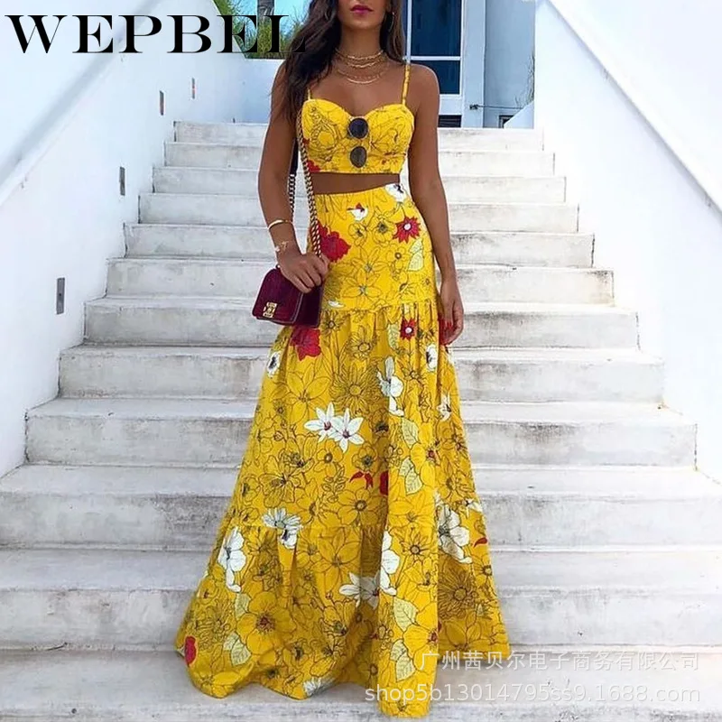 

WEPBEL Women Elegant Floral Print Two Piece Set Ladies Sleeveless Halter Sling Crop Top + High Waist Skirt Set Female Tracksuits