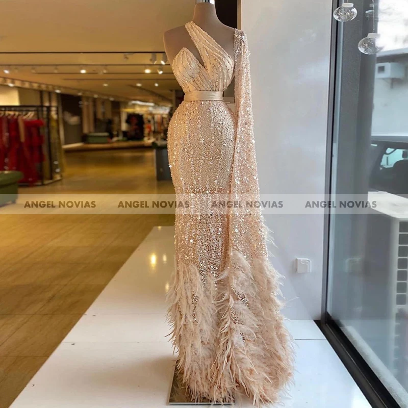 ANGEL NOVIAS Long Champagne Crystals Caftan Arabic Evening Dress 2021 with Feather Robes De Soiree Longue long sleeve evening dresses