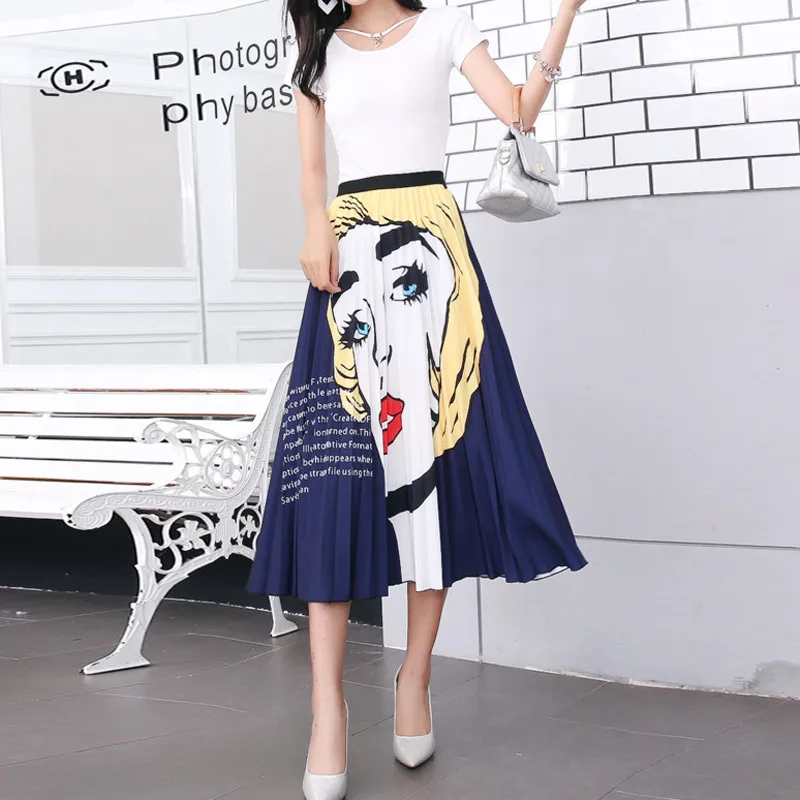 YELITE узкая талия плиссированная юбка с принтом средней длины трапециевидная