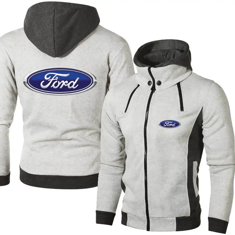 

2021 New Men's Ford Car Logo Stand Collar Dual Zippers Hooded Long Sleeve Spring and Autumn Casual Jacket Cardigan Hoodie