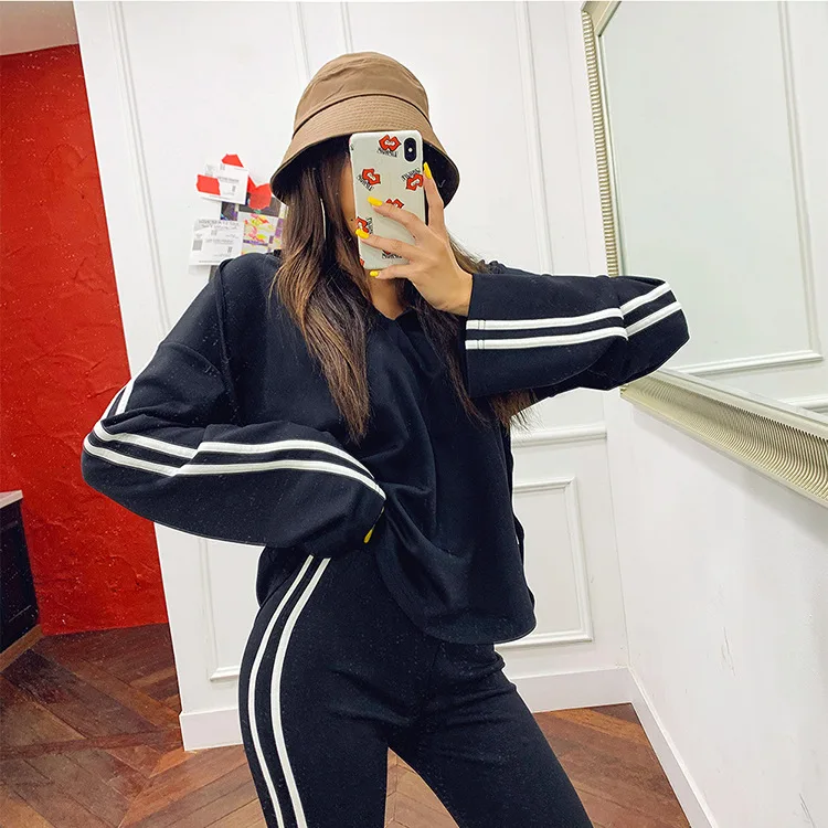

2020 Limited Promotion Cotton Full Women's Suit Casual Terry Buttoned Hooded Long-sleeved Sweater Striped Trousers 2-piece Set
