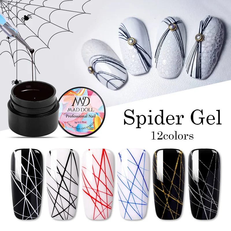 MAD DOLL, 1 коробка, УФ-Гель-лак с пауком, эластичный гель для рисования, фиолетовый, желтый, белый, смешанные цвета, маникюрный Гель-лак для ногтей