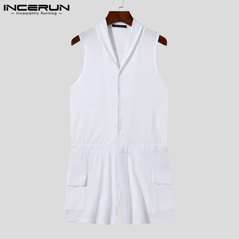 INCERUN Comfortable Homewear New Men's Onesies Casual Comfortable Solid Color Rompers Breathable Sleeveless Jumpsuit S-5XL 2023