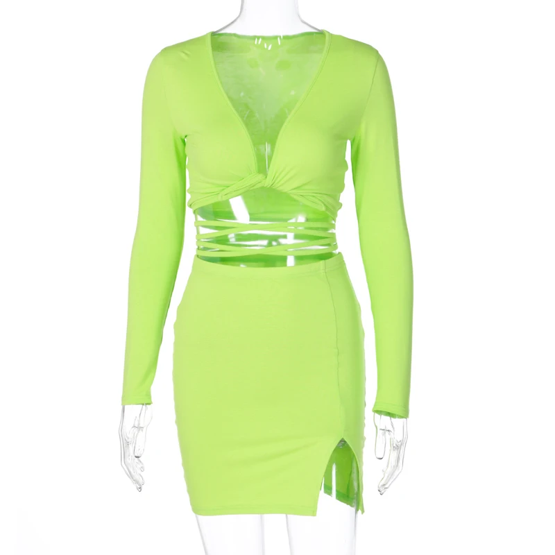 

YICIYA Tracksuit Sexy Crop Top Slit Skirt 2 Piece Set Autumn Winter Women Streetwear Outfits 2020 Long Sleeve Wrapped Bandage