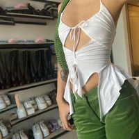 ladies solid color slim fit halter neck sling vest vintage lace up backless halter tops sexy harajuku corset tees streetwear