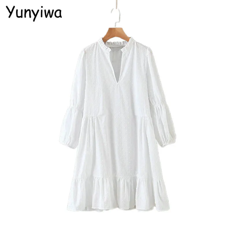 Модное женское белое платье в горошек с вышивкой и длинным рукавом повседневное