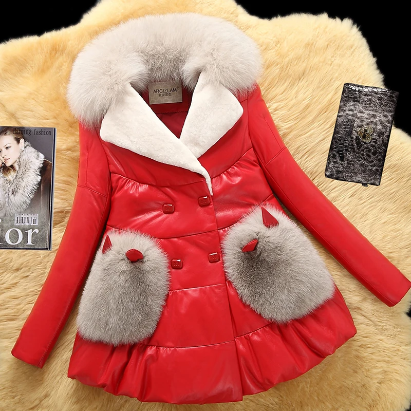 Женская куртка из натуральной кожи винтажная зимняя на утином пуху с натуральным