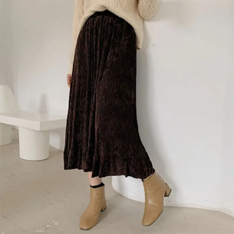 

Осенняя корейская мода для женщин 2020, приталенная плиссированная юбка с высокой талией, универсальная Повседневная бархатная теплая длинн...