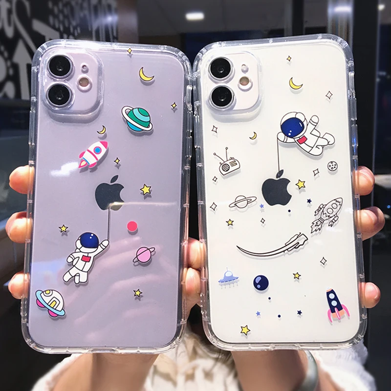 

Cute Cartoon Astronaut Star Space Phone Case For iPhone 12 Mini 11 Pro Max X XS XR 7 8 Plus Funny Couple Transparent Soft Cover