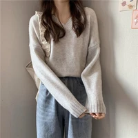 sweater women korean style autumn winter pullovers loose casual v neck knitted top solid long sleeve vintage clothing
