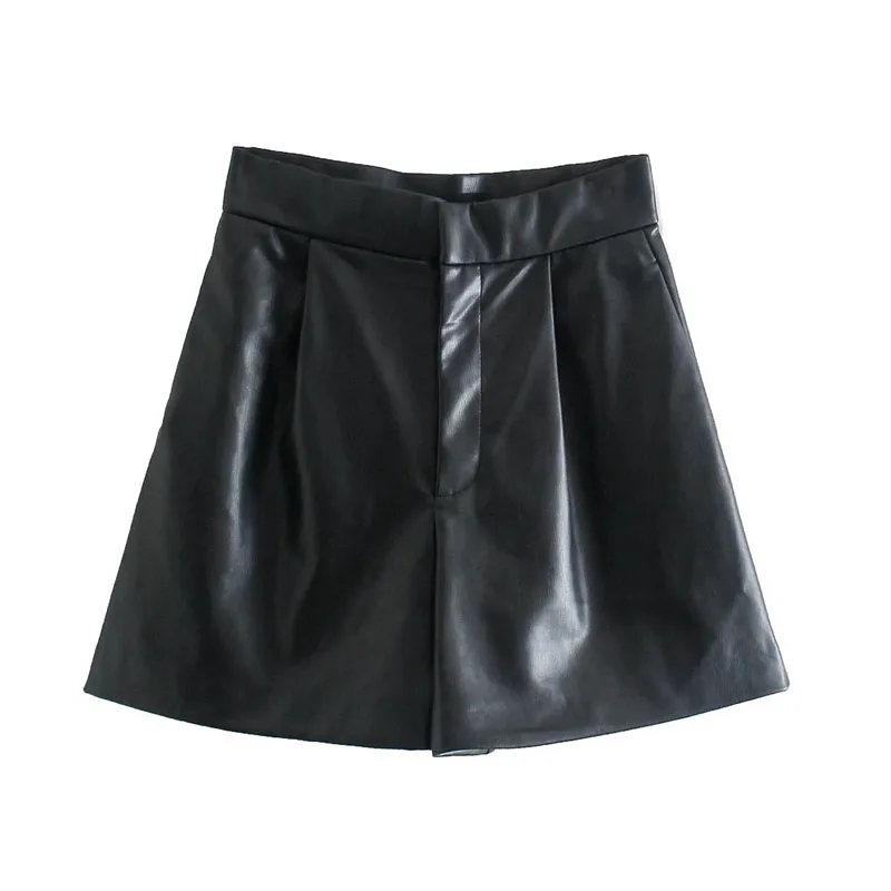 

Women 2021 za fashion faux leather bermuda pleats shorts vintage high waist side pockets female short pants mujer