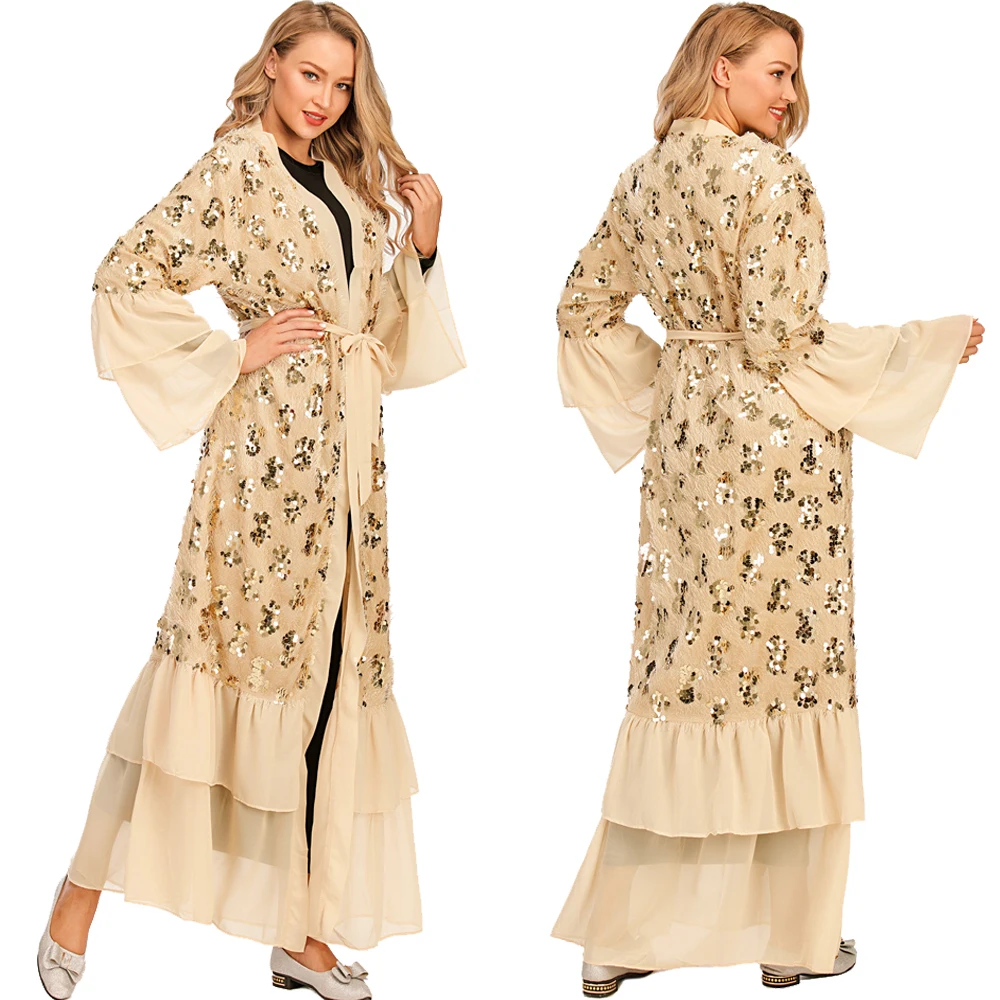 Женское мусульманское кимоно, с перьями, кисточками и блестками, Макси-платье для мусульманской вечеринки, кафтан, Рамадан, Дубай, турецкий