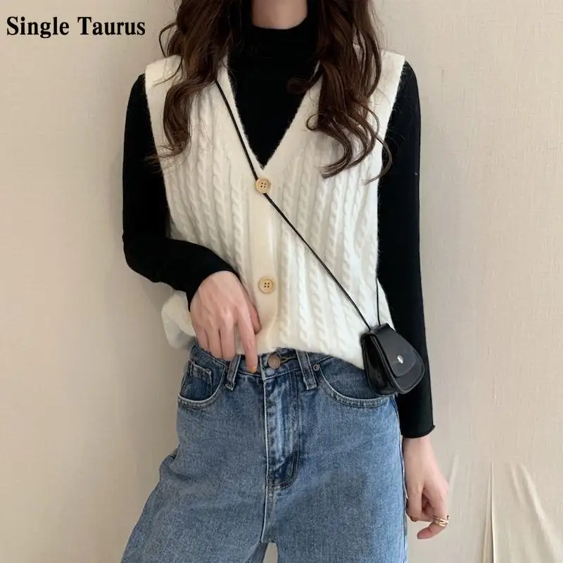 

Korean Cardigan Vest Spring Fall Pull Femme Sleeveless Jacket Button Knitted Vest Solid Color Casual Preppy Warm Sweater Vest