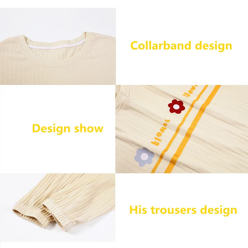 CAIYIER Cute Flower Sleepwear Set For Women Long Sleeve Trousers Cotton Pajamas Set Lovely Girls Soft Underwear Pijamas Mujer