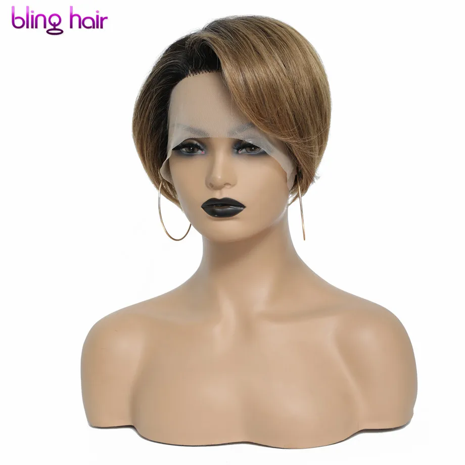

bling hair Short T Part Human Hair Wigs Pixie Cut Wig Ombre Blonde Brown Color Remy Brazilian Straight Lace Front Human Hair Wig