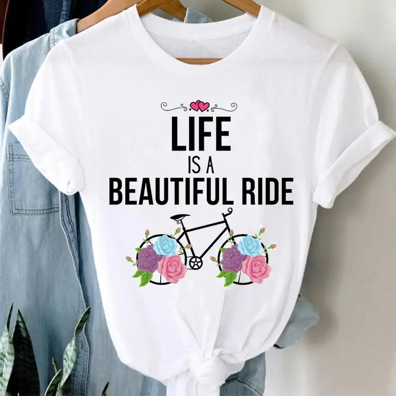 

Clothes Letter Bike Short Sleeve T-shirts Print Women Cartoon O-neck Fashion Graphic Tshirt Top Regular Lady Female Tee