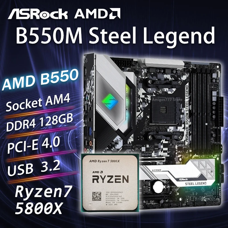 

AM4 ASRock B550M Steel Legend Gaming Motherboard Combo AMD Ryzen 7 5800X CPU 5800X AMD Ryzen Kit Gaming Placa-mãe DDR4 AM4 New