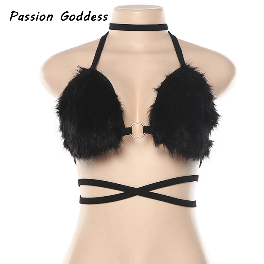 Кавайные женские пушистые розовые меховые Топы на бретельках бандажный пушистый