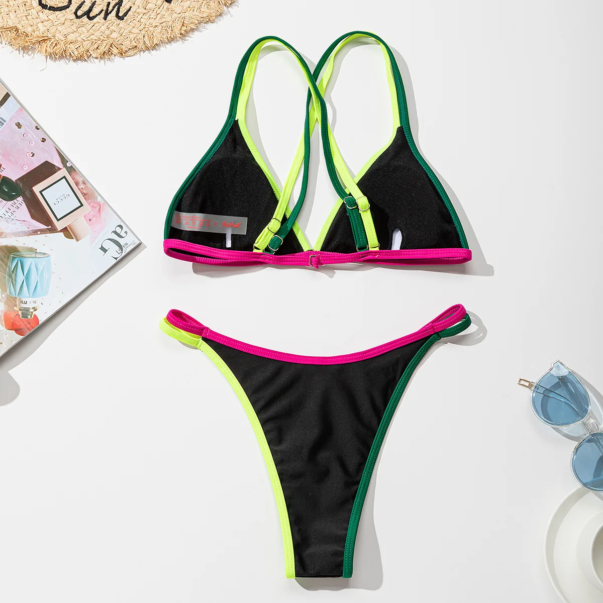 

Color Striped Patchwork Black Bikini Set Women Sexy V Neck Double Shoulder Strap Bathing Suit Female Triangle Push Up Swimsuit