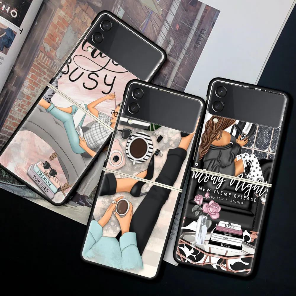 

Case For Samsung Galaxy Z Flip 3 Black Hard Phone Cover ZFlip 3 5G Luxury Shockproof Bumper Cases Fundas Vogue Girl Shopping Sac