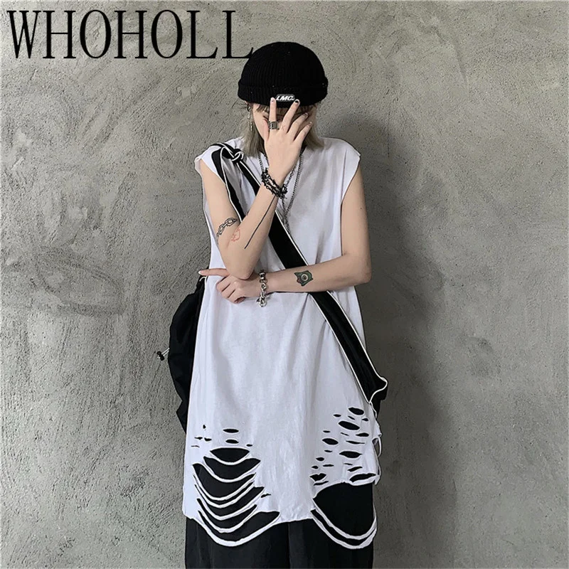 

2021 Summer Sleeveless Tops Vest Man Dark Solid Color Holeslong Length Vest Gothi Punk T-shirt White Bottoming Shirt Tops