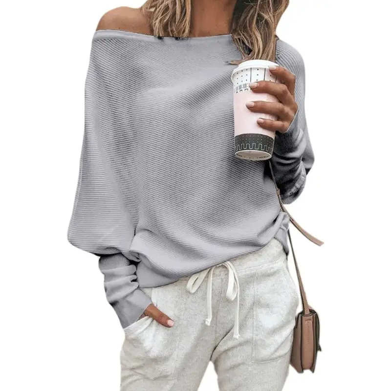 

Womens Autumn Spring Off Shoulder Sweater Long Batwing Sleeves Solid Color Ribbed Knitted Pullover Tops Loose Casual Knitwear
