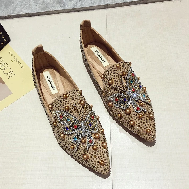Стразы Лоферы Для женщин туфли на плоской подошве острый носок балетки с принтом